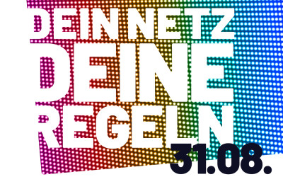 regenbogenfarbiges Raster im Hintergrund, davor weisser Schriftzug mit dein Netz deine Regeln