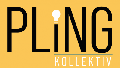 schwarzer Schriftzug auf orangenem Hintergrund - das I in Pling besteht aus einer Glühbirne