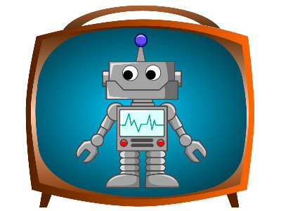 Zeichnung mit einem grauen Roboter, der sich innerhalb eines Fernsehbildschirms befindet.