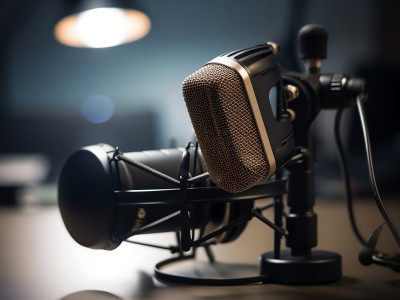 Nahaufnahme eines Vintage-Studiomikrofons auf einem Tisch für Podcast und Aufnahme