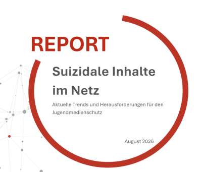 roter Dreiviertelkreis mit grauem Schriftzug Report und darin in grauer Schrift suizidale Inhalte im Netz