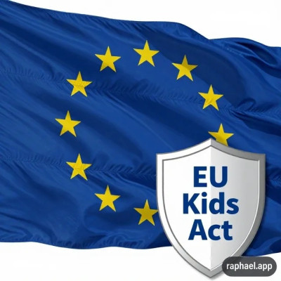 Europaflagge mit Schutzschild, auf dem EU KIDS Act steht