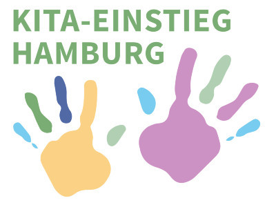 Logo Kita-Einstieg Hamburg. Zu sehen sind der Titel und darunter zwei bunte Handabdrücke.