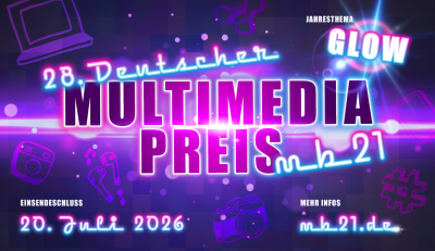 Poster des 28. Deutschen Multimediapreises mb 21 mit Jahresthema Glow, lila-pinker-Hintergrund, Schrift als Neonröhren