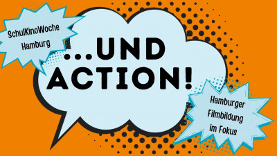 Sprechblase mit ...und action vor orangenem Hintergrund, PopArt-Stil