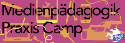schwarzer Schriftzug Medienpädagogik Praxis Camp auf pinken Hintergrund mit verschiedenen Medien (Stift, Handy, Tablet, Camera, Computer, Kabel)