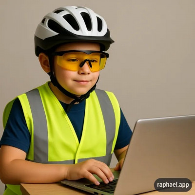 Junge sitzt mit Sicherheitsweste, Fahrradhelm und Sichtschutzbrille vor einem Laptop