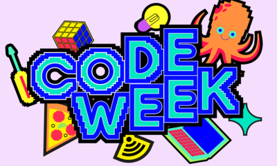 mehrfarbiger Schriftzug Code week mit bunten Icons drumherum wie Krake, Glühbirne, Zauberwürfel, Schraubenzieher, Pizzasttück