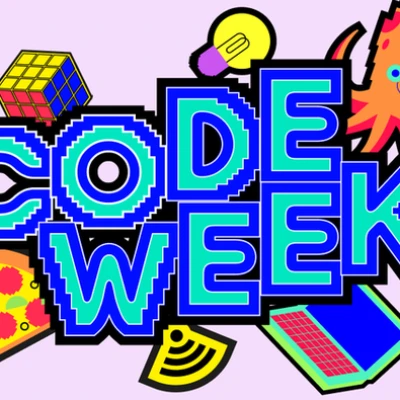 mehrfarbiger Schriftzug Code week mit bunten Icons drumherum wie Krake, Glühbirne, Zauberwürfel, Schraubenzieher, Pizzasttück