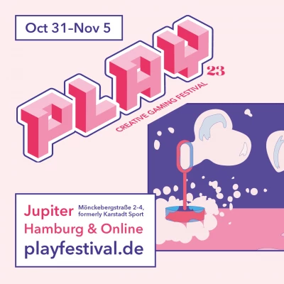 Motiv vom Creative Gaming Festival PLAY23. 31. Oktober bis 5. November im Jupiter Hamburg (Mönckebergstr. 2-4) und online. playfestival.de. Diesjähriges Motto: Soap Opera.