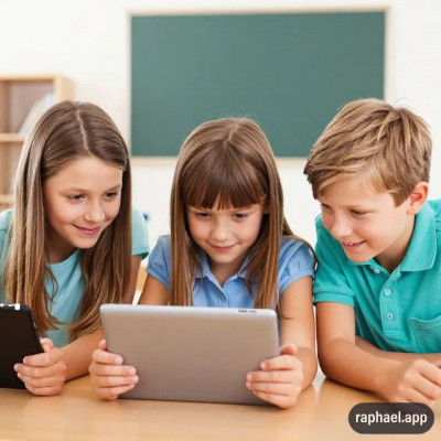 drei Kinder beugen sich in ihrer Klasse über ein Tablet
